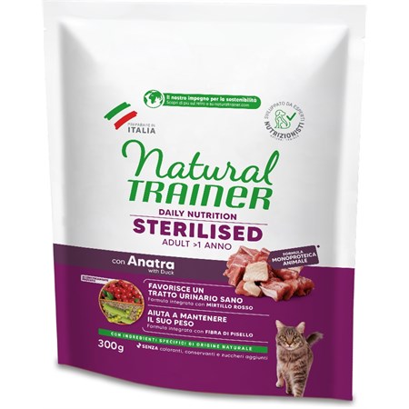 Natural Trainer Sterilised Anatra 300 gr Crocchette Per Gatti Sterilizzati in Gatti