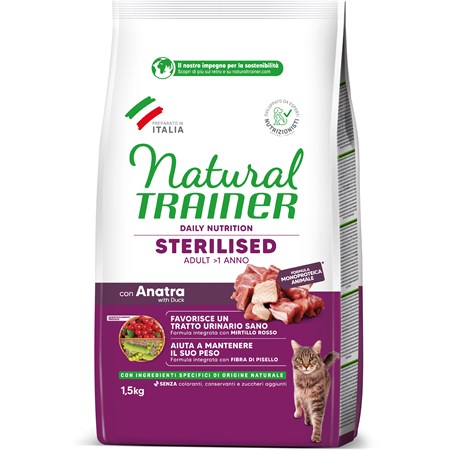 Natural Trainer Sterilised Anatra 1,5 Kg Crocchette Per Gatti Sterilizzati in Gatti