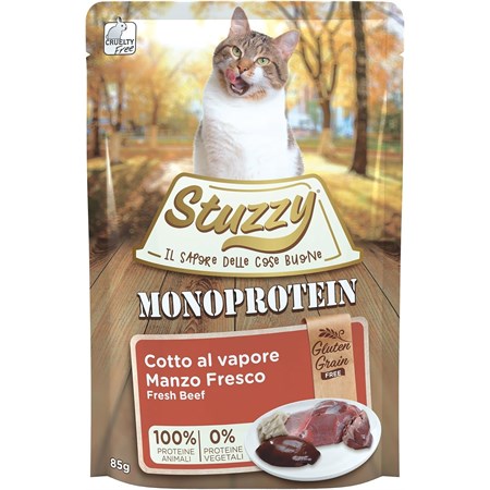 Stuzzy Cat Monoprotein Manzo Fresco 85gr Cibo Umido Grain Free in Bustina per Gatti in Gatti