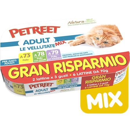 Petreet Adult Le Vellutate Pollo MIX 6x70 gr A73 A78 A79 6 Scatolette Umido Gatto in Gatti