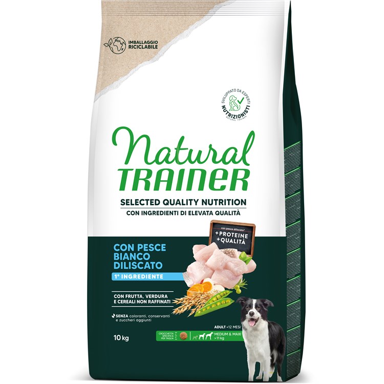 Natural Trainer Selected Quality Nutrition Cane Healthy Grain Medium/Maxi Pesce Bianco 10kg