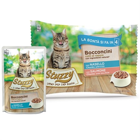 Stuzzycat Bocconcini con Nasello e Salmone 4X85G in Gatti