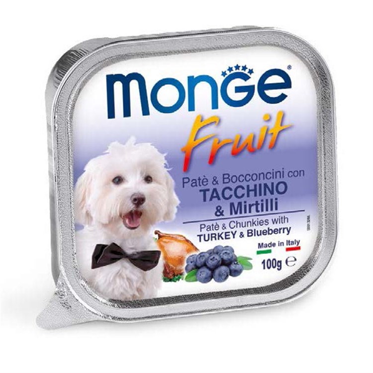 Monge Fruit Paté e Bocconcini con Tacchino e Mirtilli 100gr Vaschetta Cane