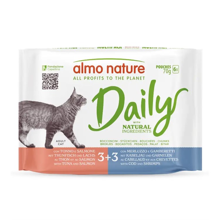 Almo Nature Daily Multipack Tonno Salmone e Merluzzo Gamberetti 6 x 70 gr Bustine Umido Per Gatti