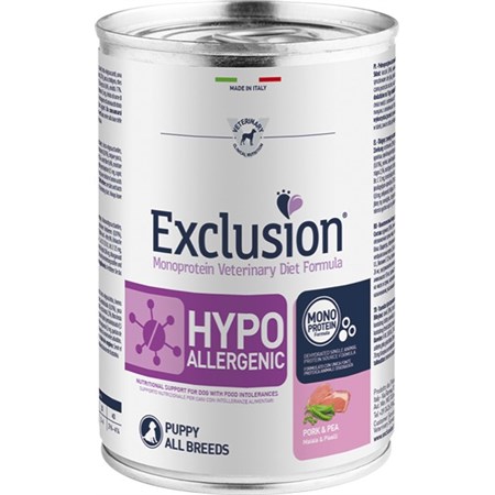 exclusion diet hypoallergenic puppy maiale e piselli 400 gr barattolo umido per cane