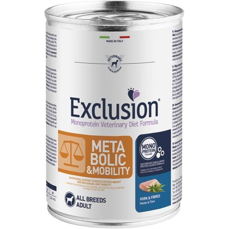 Exclusion Diet Metabolic Mobility Maiale e Fibre 400 gr Barattolo Umido Per Cane