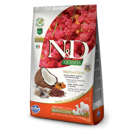 farmina n d quinoa grain free adult all breed skin coat aringa cocco 7 kg