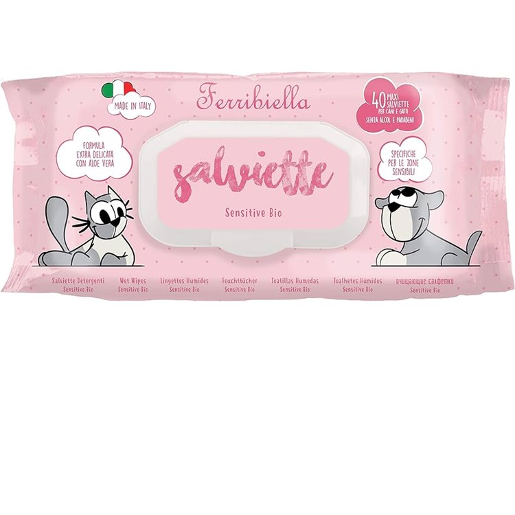 Ferribiella 40 Salviette Detergenti Bio Sensitive Delicate Per Muso Occhi e Orecchie
