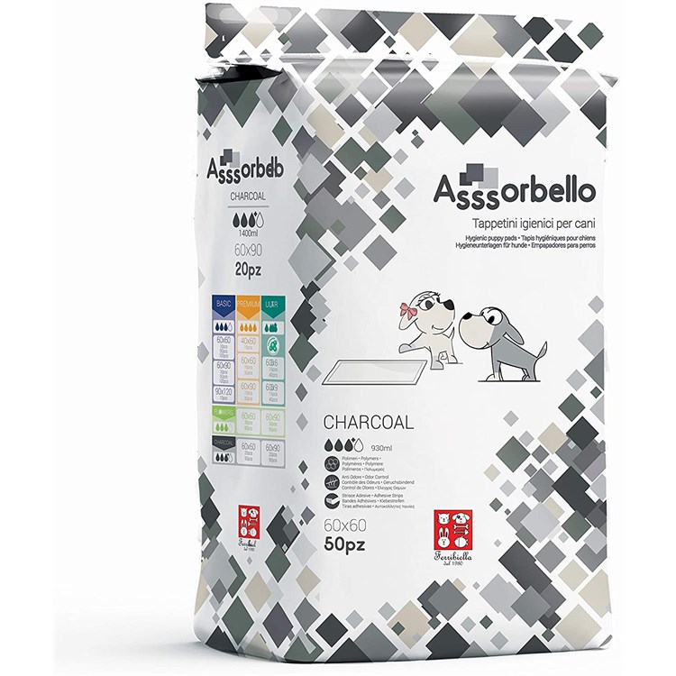 Ferribiella 50 Tappetini Assorbello Ultra Charcoal 60 x 60 Traverse Carbone Attivo Cani