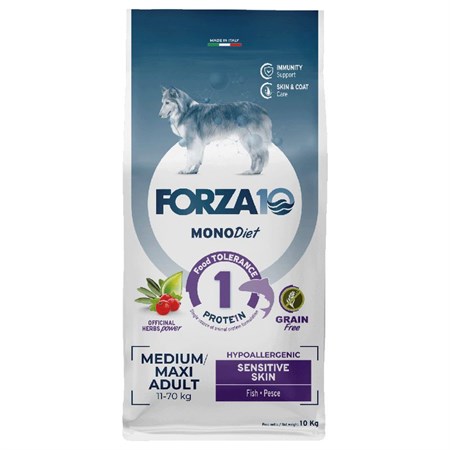 Forza 10 Mono Diet Medium Large Sensitive Skin con Pesce 10 kg Crocchette Per Cani in Cani