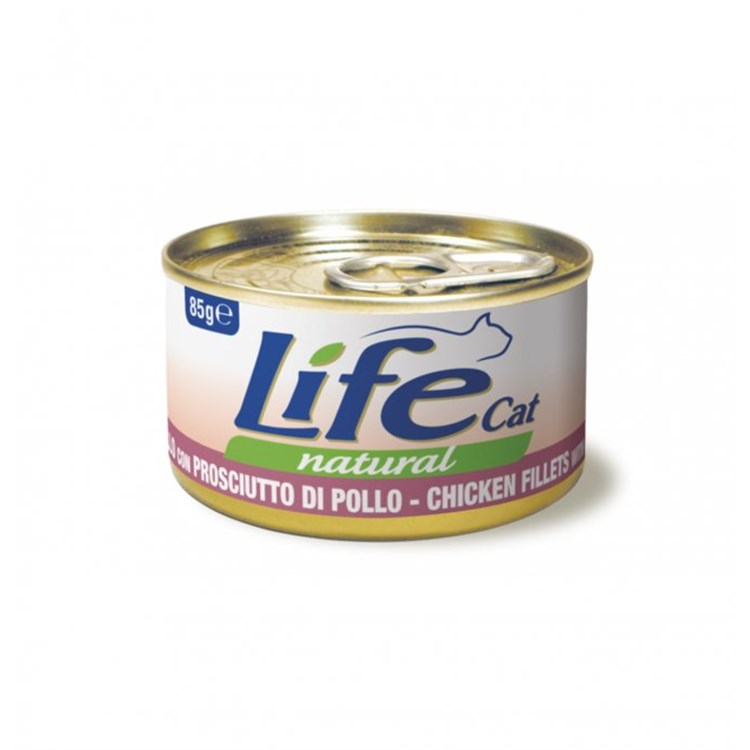 Life Cat Natural Filetti di Pollo Con Prosciutto di Pollo 85 gr Scatoletta Gatti