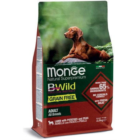monge bwild grain free adult all breed agnello e piselli 2 5 kg per cani