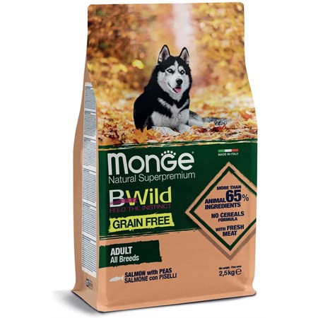 monge bwild grain free adult all breed salmone e piselli 12 kg per cani danneggiato