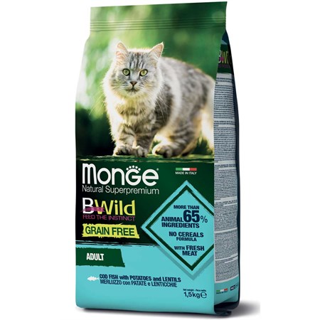 monge bwild grain free adult merluzzo patate lenticchie 1 5 kg per gatti