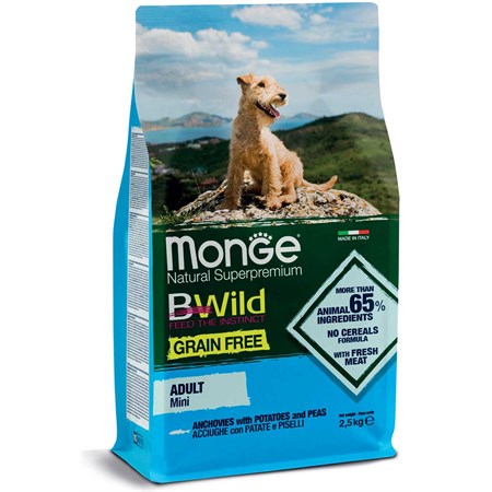 monge bwild grain free mini adult acciughe patate piselli 2 5 kg