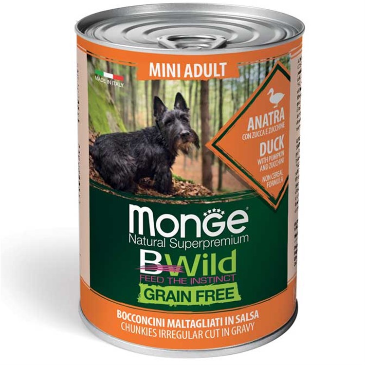 Monge Bwild Grain Free Mini Adult Anatra In Salsa 400 gr Umido per Cani