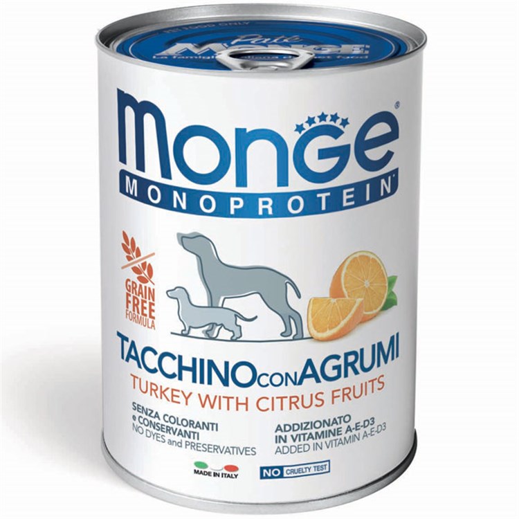 Monge Tacchino Riso e Agrumi Monoproteico 400 gr Umido per Cani
