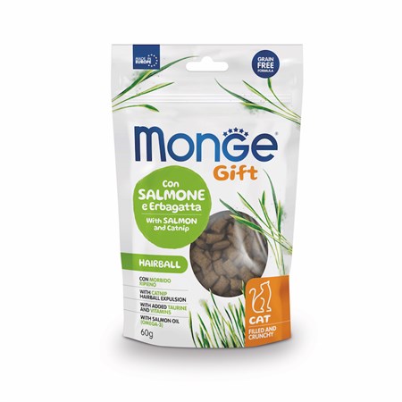 monge gift hairball salmone erba gatto 60 gr snack per gatti