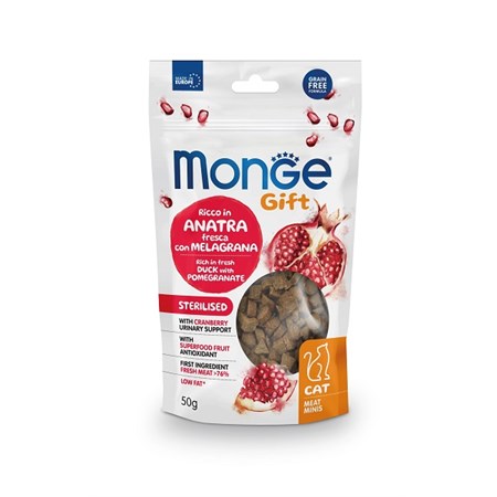 monge gift sterilised anatra melagrana mirtilli rossi 50 gr snack per gatti
