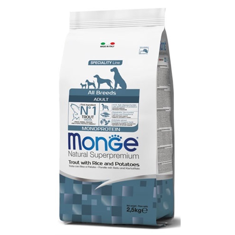 Monge Superpremium Adult All Breed Monoproteico Trota, Riso Patate 2,5 kg Cane
