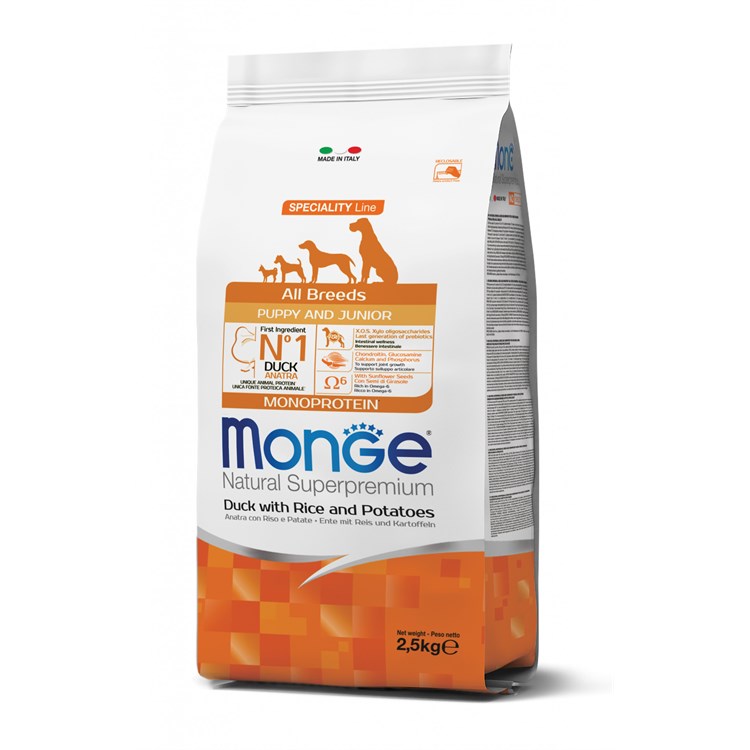 Monge Superpremium All Breed Puppy Junior Anatra Riso 2,5 kg Cane