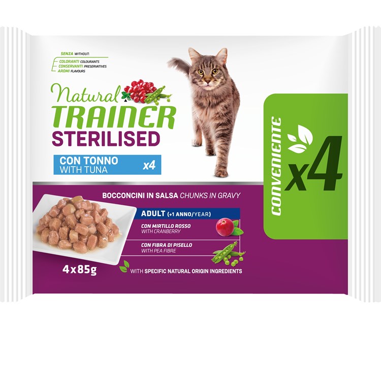 Natural Trainer Adult Cat Bocconcini Multipack 12 bustine 85 gr (6 pollo + 6 salmone) Umido Gatti