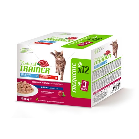 natural trainer adult cat bocconcini multipack 12 bustine 85 gr 6 tonno 6 manzo umido gatti