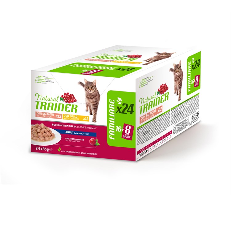 Natural Trainer Adult Cat Bocconcini Multipack 24 bustine 85 gr (12 pollo + 12 salmone) Umido Gatti