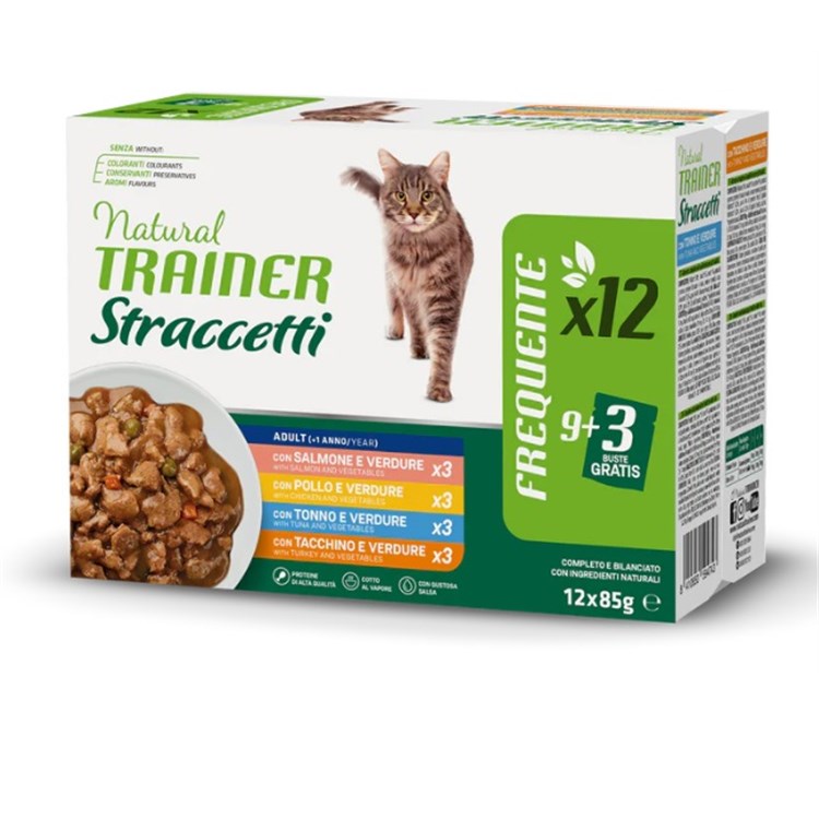 Natural Trainer Adult Straccetti Multipack 12 bustine 85 gr (Pollo, Tonno, Salmone, Tacchino) Umido Gatti