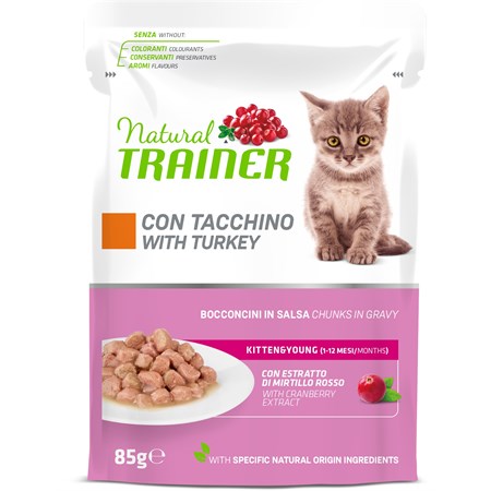 natural trainer kitten young cat tacchino bocconcini 85 gr busta