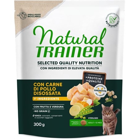 natural trainer selected quality nutrition gatto no grain sterilised pollo 300g