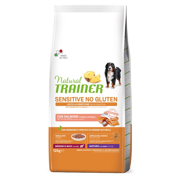 Natural Fitness Trainer Sensitive Medium Maxi Maturity Salmone e Cereali Integrali 12 kg Per Cani Anziani