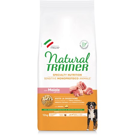 natural trainer sensitive no gluten adult medium maxi maiale e cereali integrali 12 kg