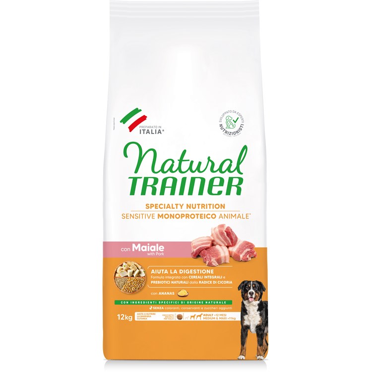 Natural Trainer Sensitive Monoproteico Adult Medium Maxi Maiale e Cereali Integrali 12 kg
