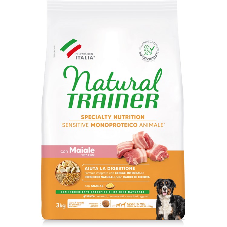 Natural Trainer Sensitive Monoproteico Adult Medium Maxi Maiale e Cereali Integrali 3 kg