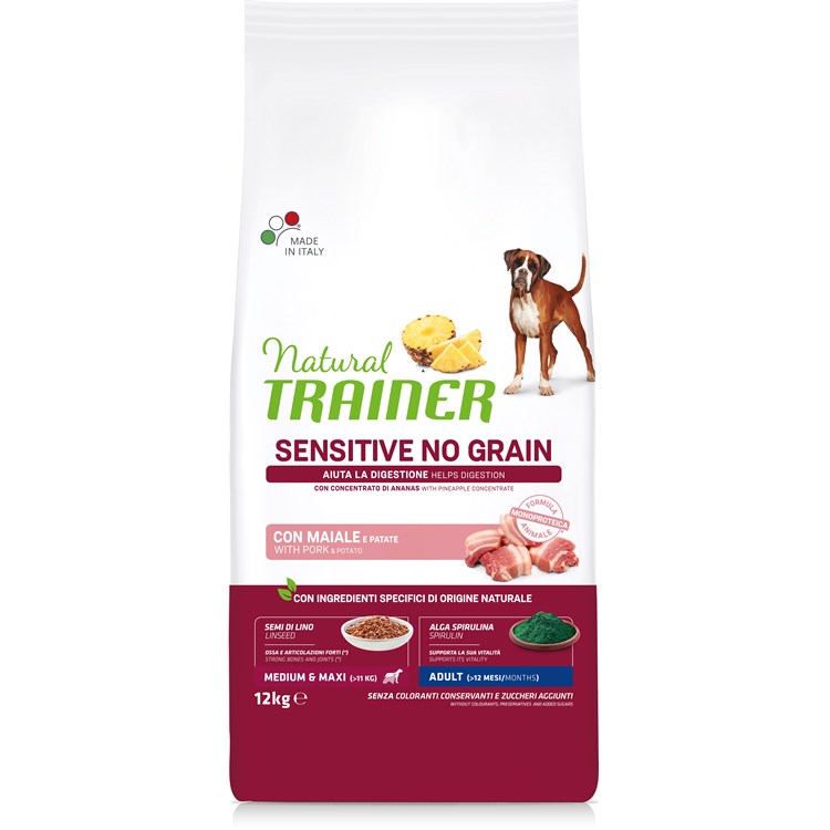 Natural Trainer Sensitive No Grain Adult Medium Maxi Maiale e Patate 12 kg Cane DANNEGGIATO