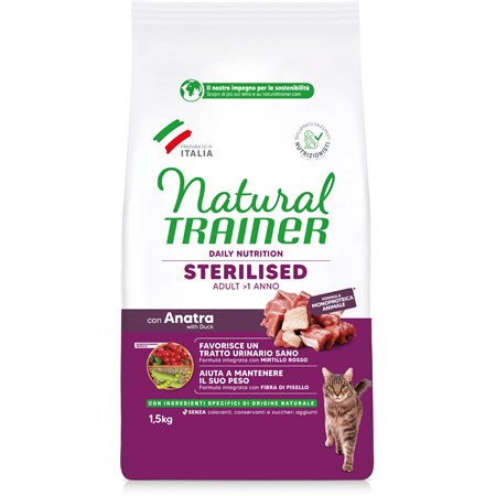 Natural Trainer Sterilised Anatra 1,5 Kg Crocchette Per Gatti Sterilizzati in Gatti