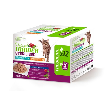 natural trainer sterilised cat bocconcini multipack 12 bustine 85 gr 6 manzo 6 tonno umido gatti