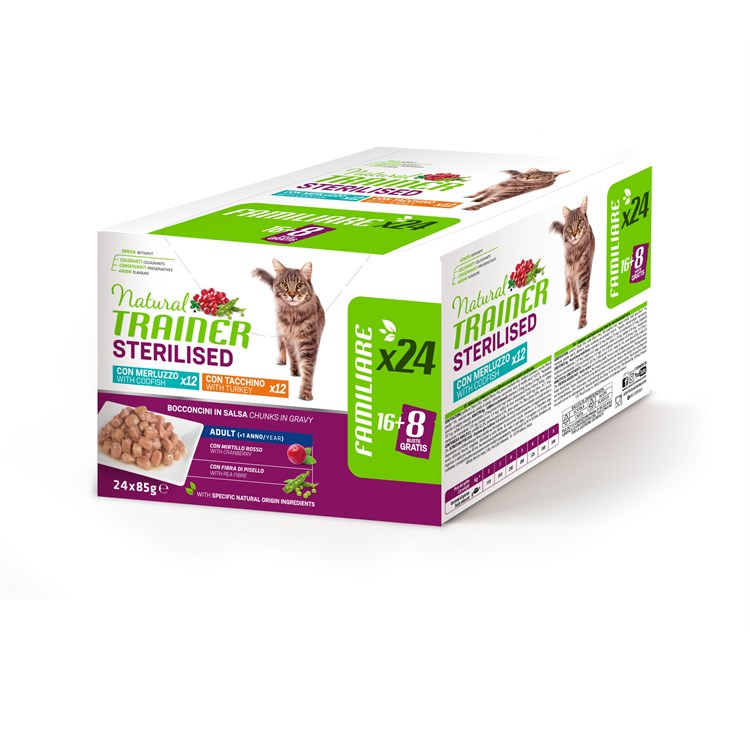 Natural Trainer Sterilised Cat Bocconcini Multipack 24 bustine 85 gr (12 Merluzzo + 12 Tacchino) Umido Gatti