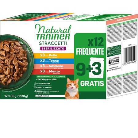 natural trainer sterilised straccetti multipack 12 bustine 85 gr manzo salmone pollo tonno umido gatti