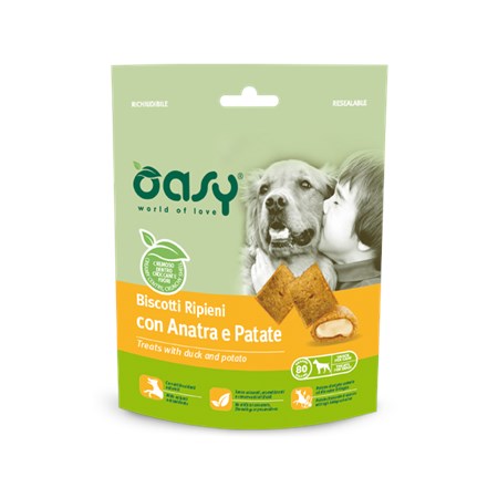 oasy snack biscotti ripieni con anatra e patate per cani 80 g