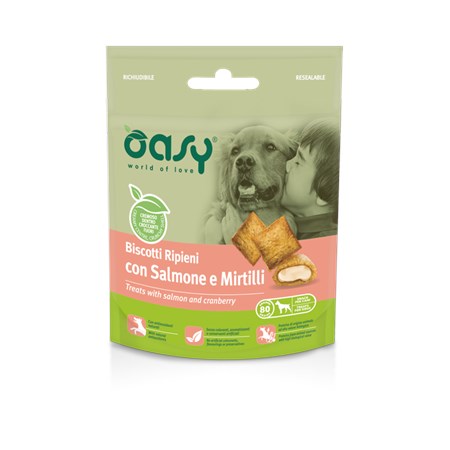 oasy snack biscotti ripieni con salmone e mirtilli per cani 80 g
