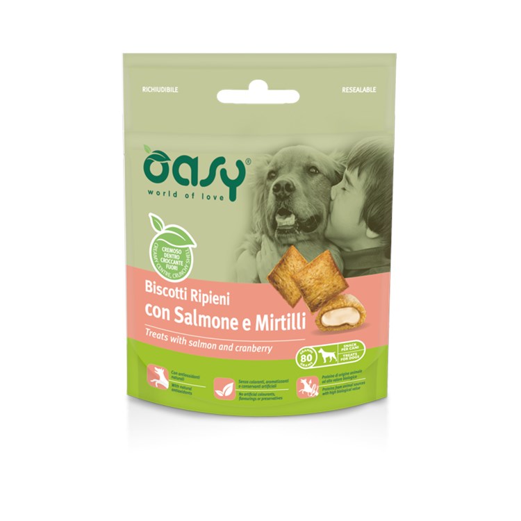 Oasy Snack Biscotti Ripieni Con Salmone e Mirtilli per Cani 80 g