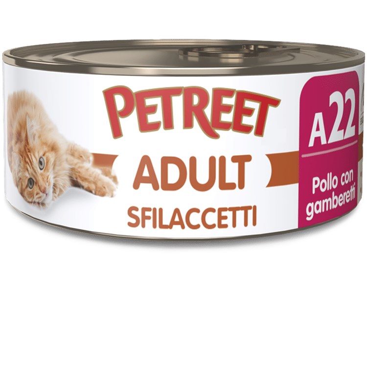 Petreet 70 gr Sfilaccetti di Pollo con Gamberetti A22 Scatolette Per Gatti