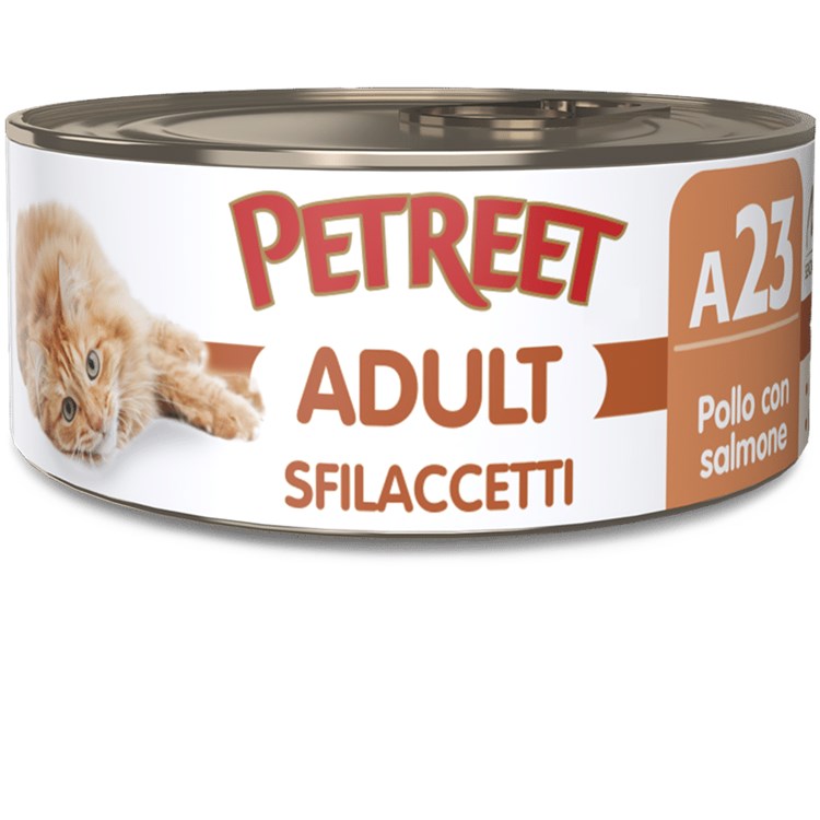 Petreet 70 gr Sfilaccetti di Pollo con Salmone A23 Scatolette Per Gatti