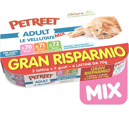 Petreet Adult Le Vellutate Tonno MIX 6x70 gr A70 A71 A72 6 Scatolette Umido Gatto in Gatti