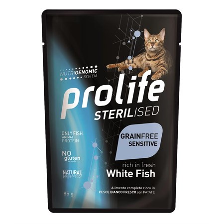 prolife cat sterilised grain free sensitive pesce bianco 85 gr bustina umido gatto