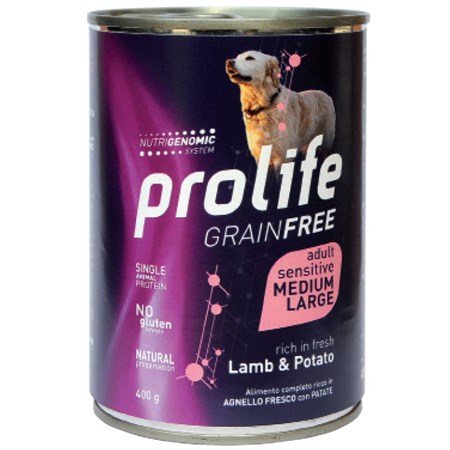 prolife dog medium large adult sensitive grain free agnello e patate 400 gr umido per cani