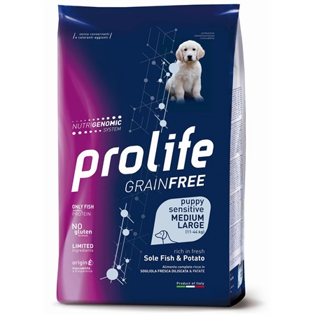 prolife dog puppy sensitive medium large sogliola e patate 10 kg grain free