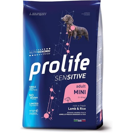prolife dog sensitive mini adult agnello e riso 7 kg crocchette per cani